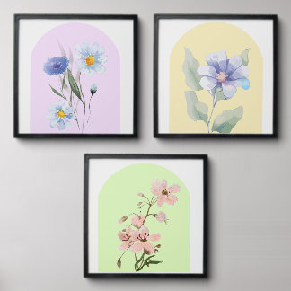 Watercolor Botanical Wall Tile Set, Pastel Floral