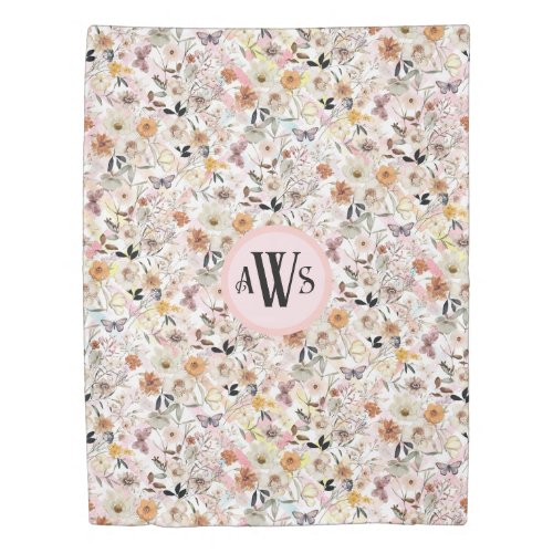 Watercolor Botanical Wildflower Butterfly Initials Duvet Cover