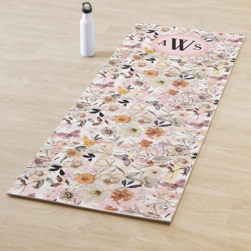 Watercolor Botanical Wildflower Butterfly Initials Yoga Mat