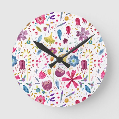 Watercolor Botanical Wildflower Hedgerow Painting Round Clock