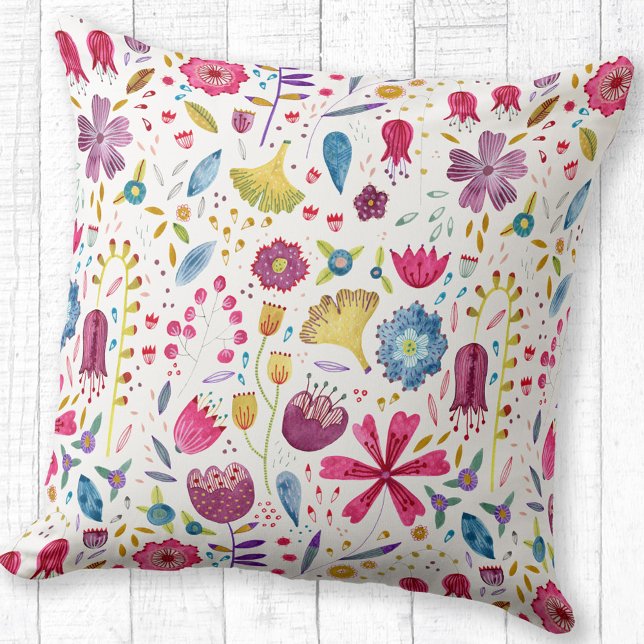 Watercolor Botanical Wildflower Hedgerow Painting Throw Pillow (Watercolor floral wildflower pattern throw pillow)