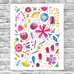 Watercolor Botanical Wildflower Poster<br><div class="desc">A modern watercolor painting of flowers and leaves in rich colors scattered on a white background.  Original art by Nic Squirrell.</div>