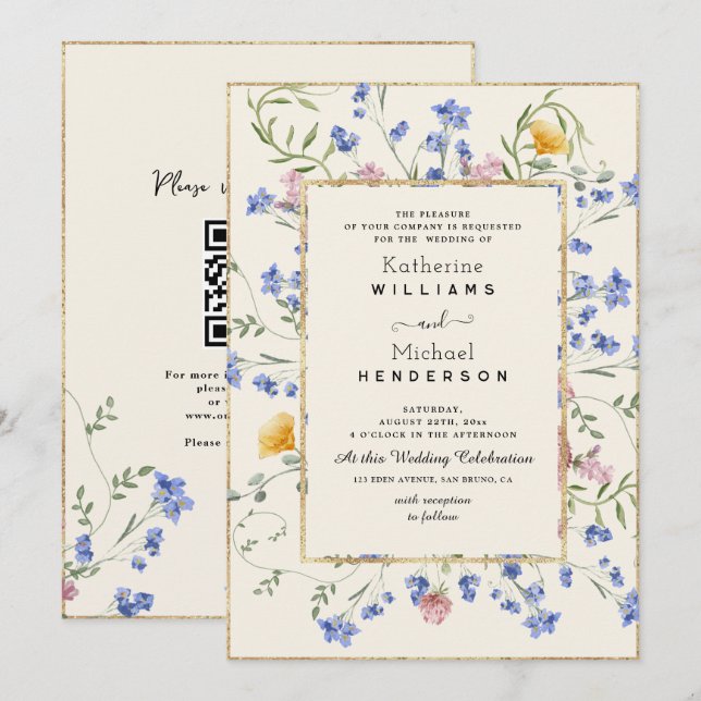 Watercolor Botanical Wildflower & QR Code Wedding Invitation (Front/Back)