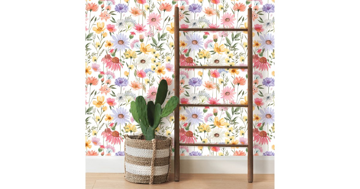 Watercolor Botanical Wildflowers Floral Meadow Wallpaper | Zazzle