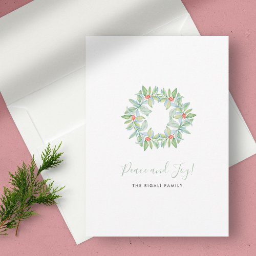 Watercolor Botanical Wreath and Berries Christmas Holiday Card