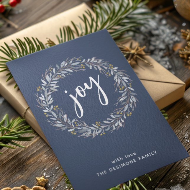 Watercolor Botanical Wreath Joy Blue Christmas Holiday Card (Creator Uploaded)