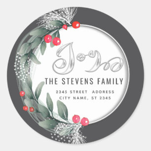Watercolor botanical wreath script joy winter classic round sticker