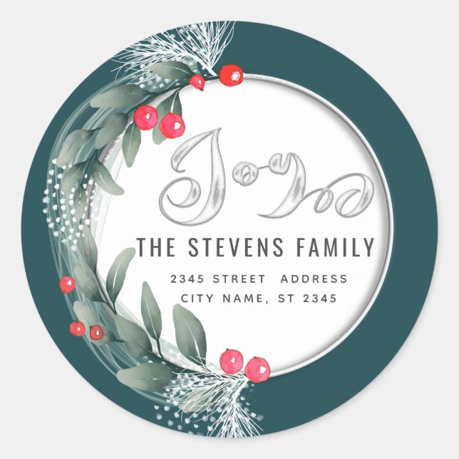 Watercolor  botanical wreath script joy winter classic round sticker (Front)