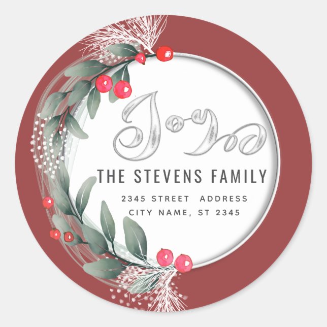 Watercolor  botanical wreath script joy winter classic round sticker (Front)