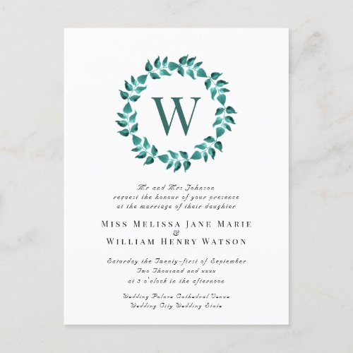 Watercolor Botanical Wreath Teal Leaf Wedding Invitation Postcard