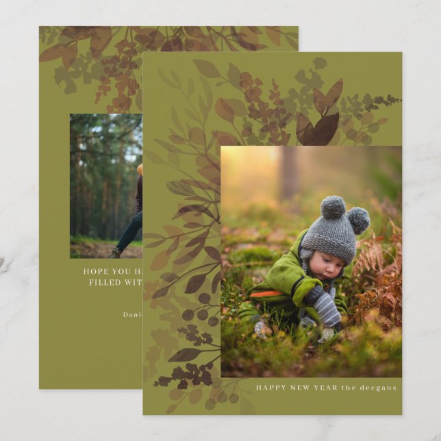 Watercolor Botanicals Flat New Years Card Green (Front/Back)