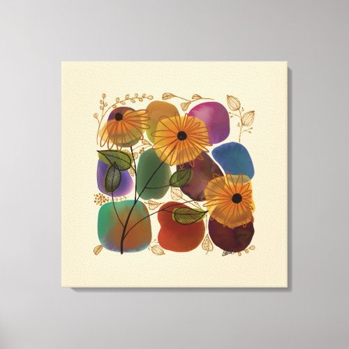 Watercolor Botanicals Gold Flowers Rocks Modern Canvas Print