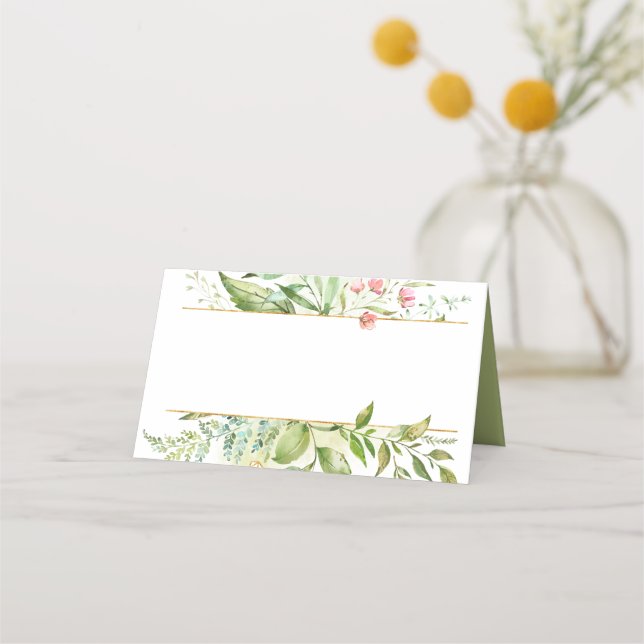 Watercolor Botanicals Green Leaves Pink Flowers | Place Card (Front)