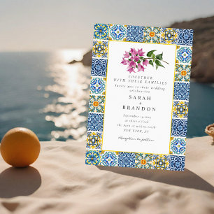 Watercolor bougainvillea Blue tile Wedding Invitation