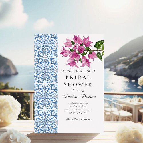 Watercolor Bougainvillea Blue tiles Bridal Shower Invitation