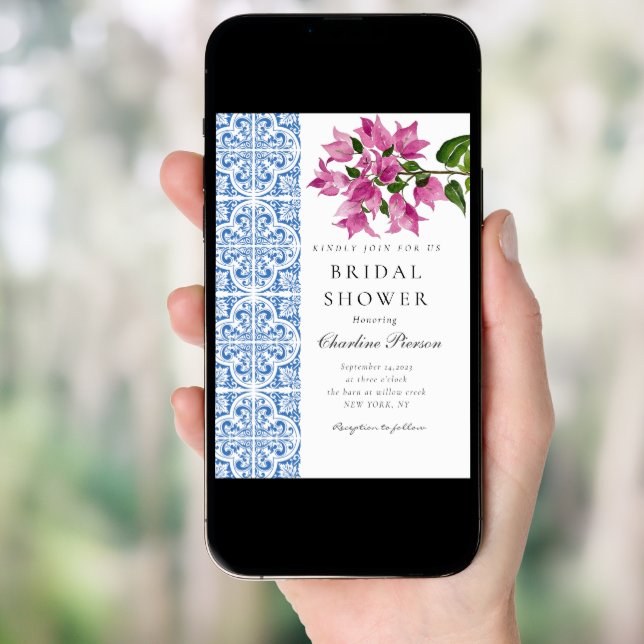 Watercolor Bougainvillea Blue tiles Bridal Shower Invitation (Front Digital)
