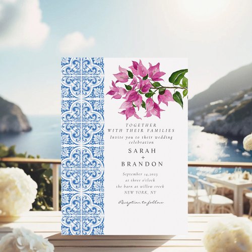 Watercolor Bougainvillea Blue tiles  Wedding Invitation