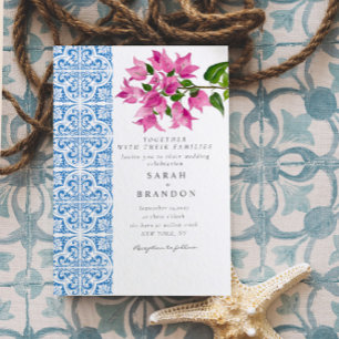 Watercolor Bougainvillea Blue tiles Wedding Invitation
