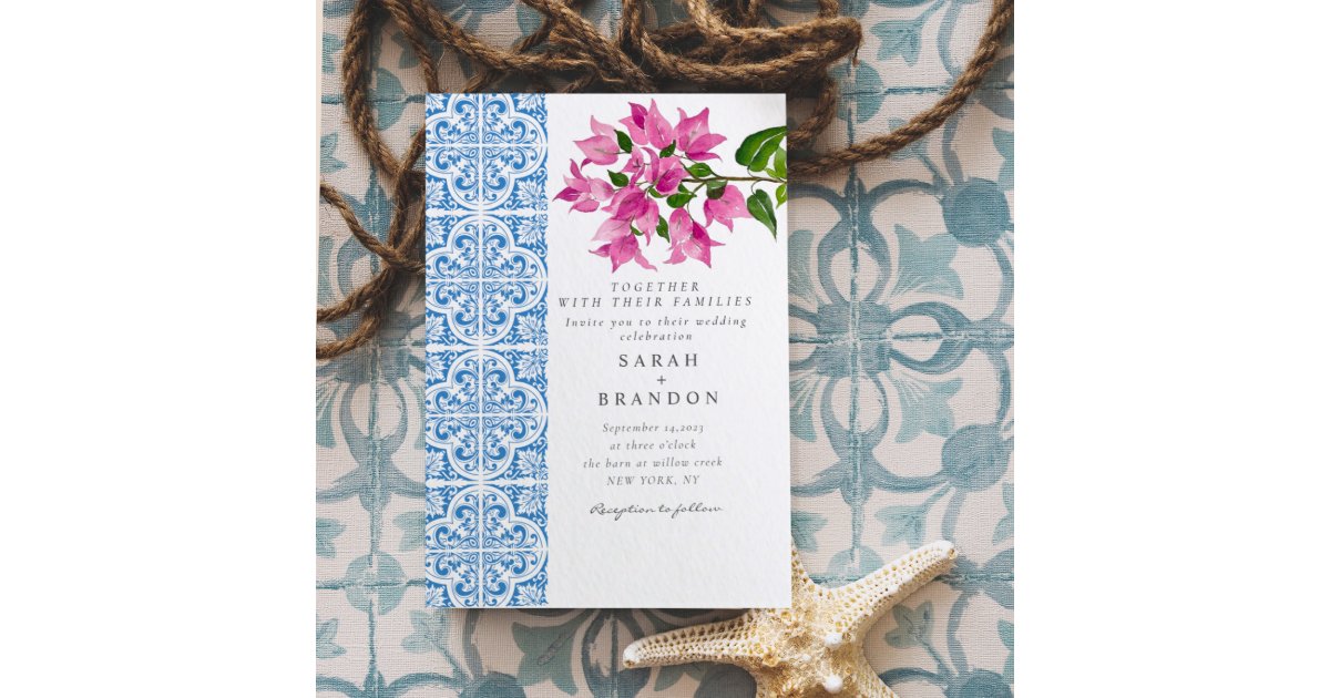 Watercolor Bougainvillea Blue tiles  Wedding Invitation
