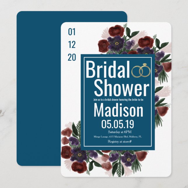 Watercolor Bouquet Botany Blue Bridal Shower Invitation (Front/Back)