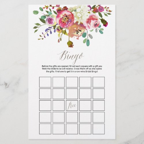 Watercolor Bouquet Bridal Bingo Game