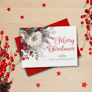 Watercolor bouquet Calligraphy Christmas Red Holiday Card