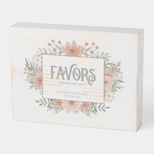 Watercolor Bouquet Favors Blush ID654 Wooden Box Sign (Angled Horizontal)
