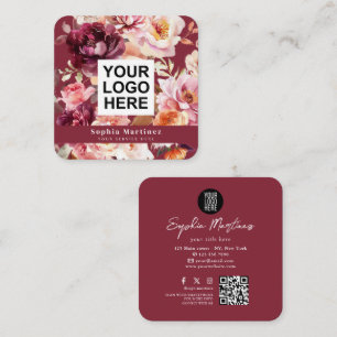 Watercolor Bouquet Floral Burgundy & QR Code Logo Square Business Card