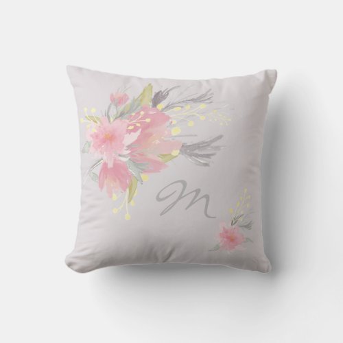 Watercolor Bouquet Floral Monogram Throw Pillow
