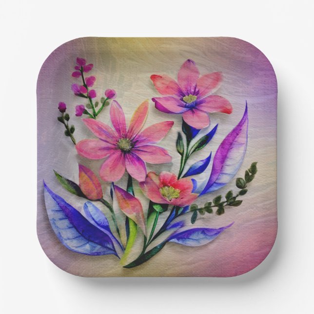 Watercolor Bouquet Flowers, Colorful Background    Paper Plates (Front)