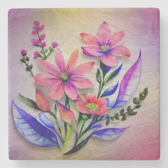 Watercolor Bouquet Flowers, Colorful Background    Stone Coaster (Front)