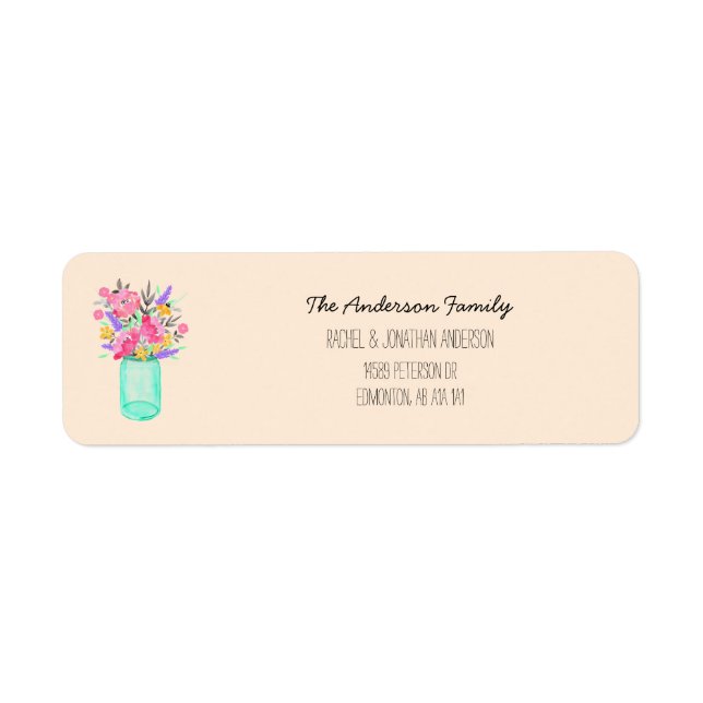 Watercolor Bouquet Mason Jar Flowers Family Home Label (Front)