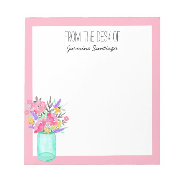 Watercolor Bouquet Mason Jar Flowers Personalized  Notepad (Front)