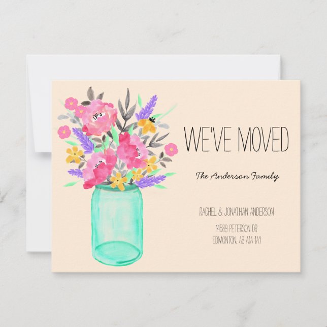 Watercolor Bouquet Mason Jar Flowers We've Moved Card (Front)