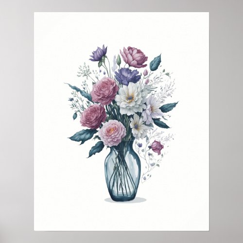 Watercolor Bouquet of Flowers in Glass Vase Poster