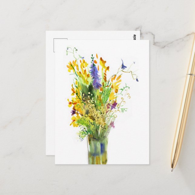 Watercolor bouquet of summer flowers postcard (Front/Back In Situ)