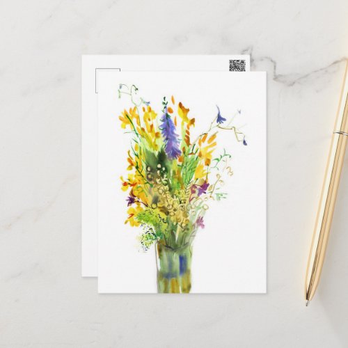 Watercolor bouquet of summer flowers postcard