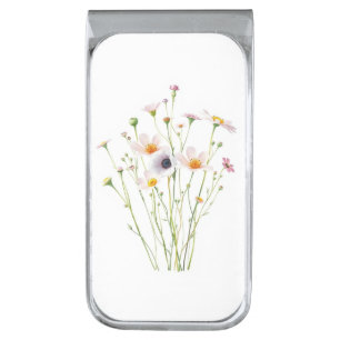 Watercolor bouquet of wildflowers silver finish money clip