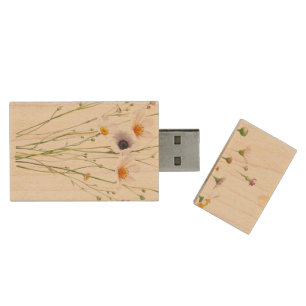 Watercolor bouquet of wildflowers wood flash drive