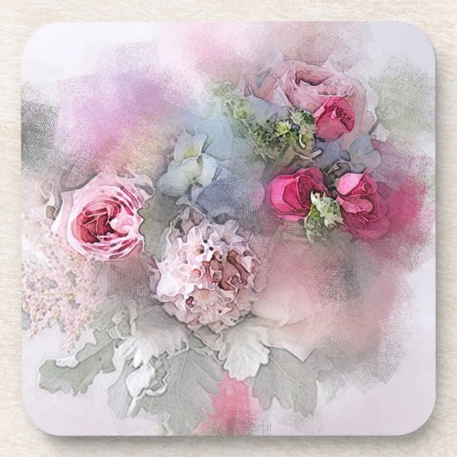 Watercolor Bouquet Template Flowers Roses Elegant Beverage Coaster (Front)
