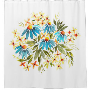 Watercolor bouquet, tender daisies, small leaves a shower curtain