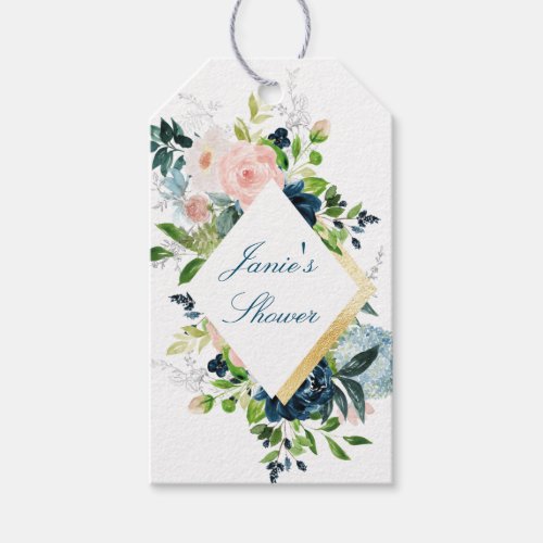Watercolor Bouquet with Blue and Gold Gift Tag