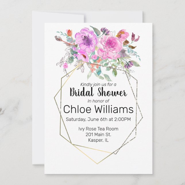 Watercolor Bouquet with Geometric Gold Frame Invitation (Front)