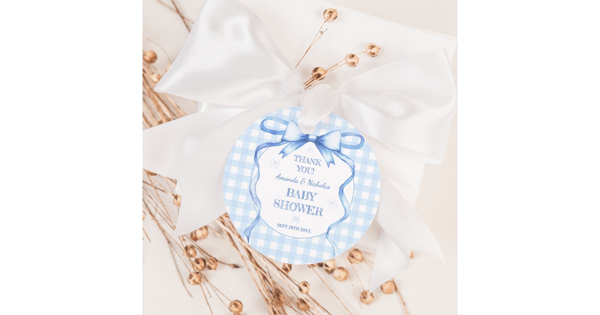 Watercolor Bow Blue Baby Boy Shower Thank You Favor Tags | Zazzle