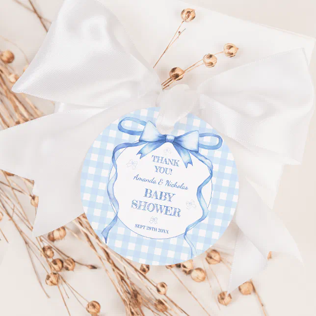 Watercolor Bow Blue Baby Boy Shower Thank You Favor Tags | Zazzle