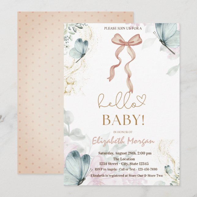 Watercolor Bow Blue Butterfly Dots Baby Shower  Invitation (Front/Back)