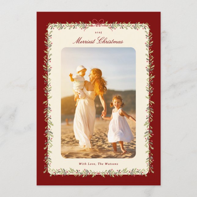 watercolor bow botanical frame 1 photo flat  holiday card (Front)