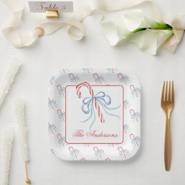 Watercolor Bow Candy Cane Paper Plates (Wedding)