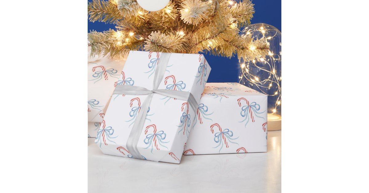 Watercolor Bow Candy Cane Wrapping Paper | Zazzle