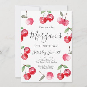 Watercolor Bow Cherry Birthday Invitation